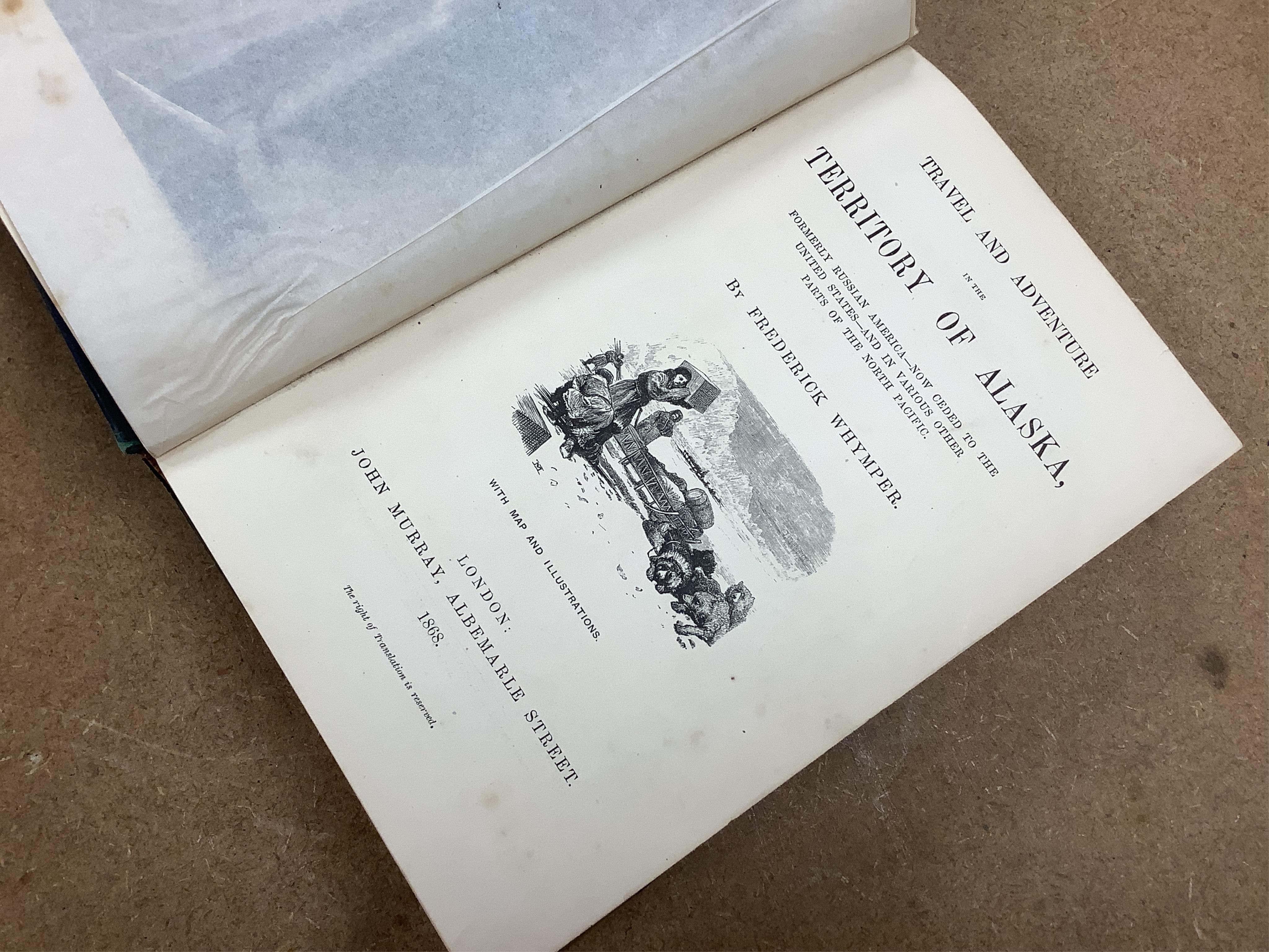 Whymper, Frederick - Travel and Adventure in the Territory of Alaska ... and in other parts of the North Pacific. folded map, 16 plates and text illus.; contemp. half calf and cloth, gilt panelled spine with red label. 1